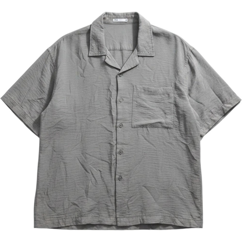 Zara‎ Man Grey Textured Short Sleeve Camp Collar Button Up Shirt XL